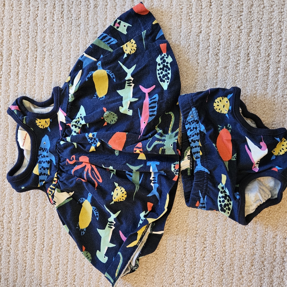 Colorful Fish Print Baby Dress and Diaper Cover